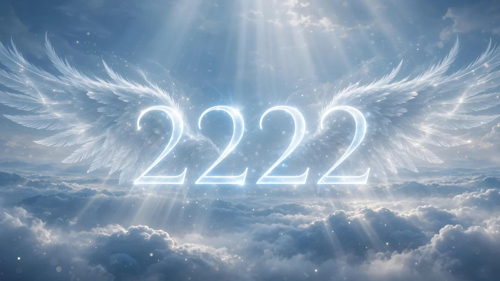 The number 2222 glowing in angelic light with wings against a heavenly sky