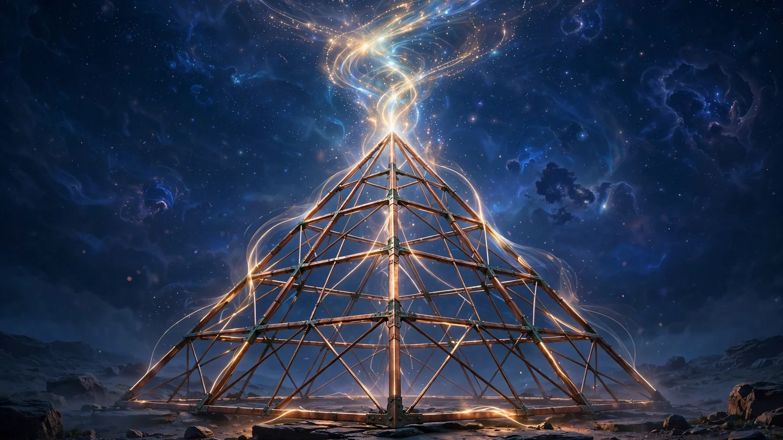 A copper pyramid frame glowing with energy lines against a cosmic sky