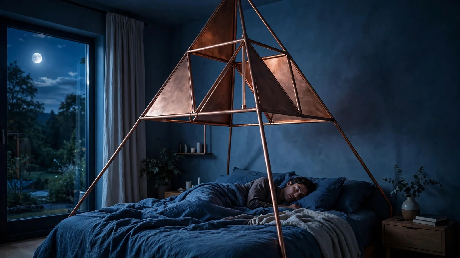 A person sleeping peacefully under a copper pyramid frame in a moonlit bedroom