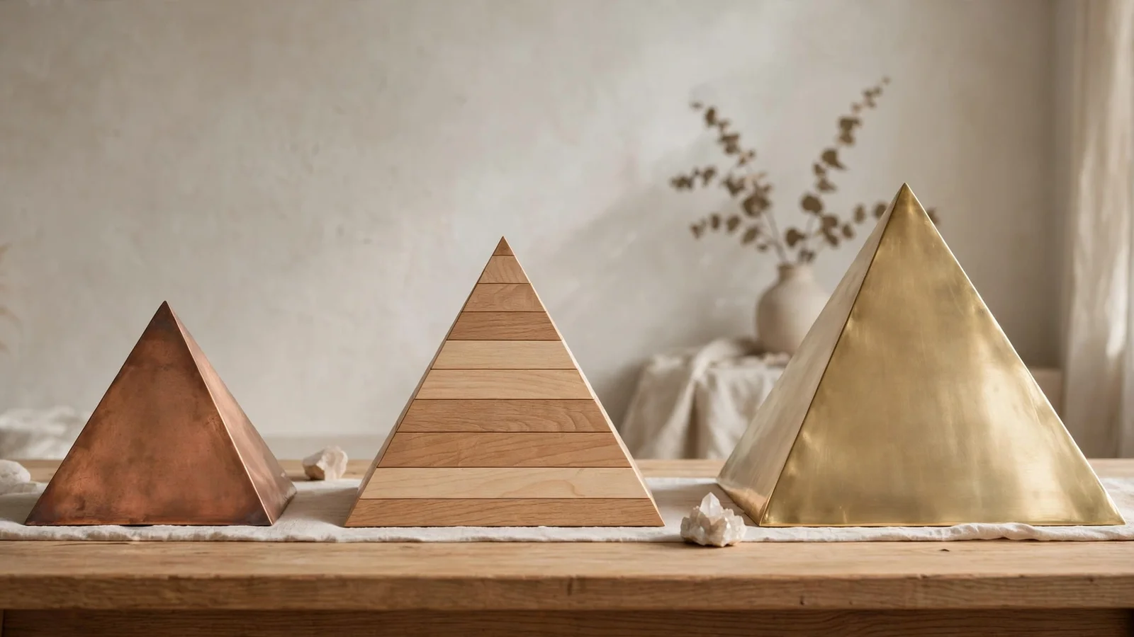 Meditation pyramids in copper, wood and brass of different sizes in a calm studio