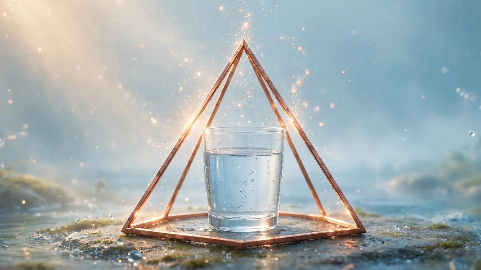 A glass of water inside a small glowing copper pyramid with light rays