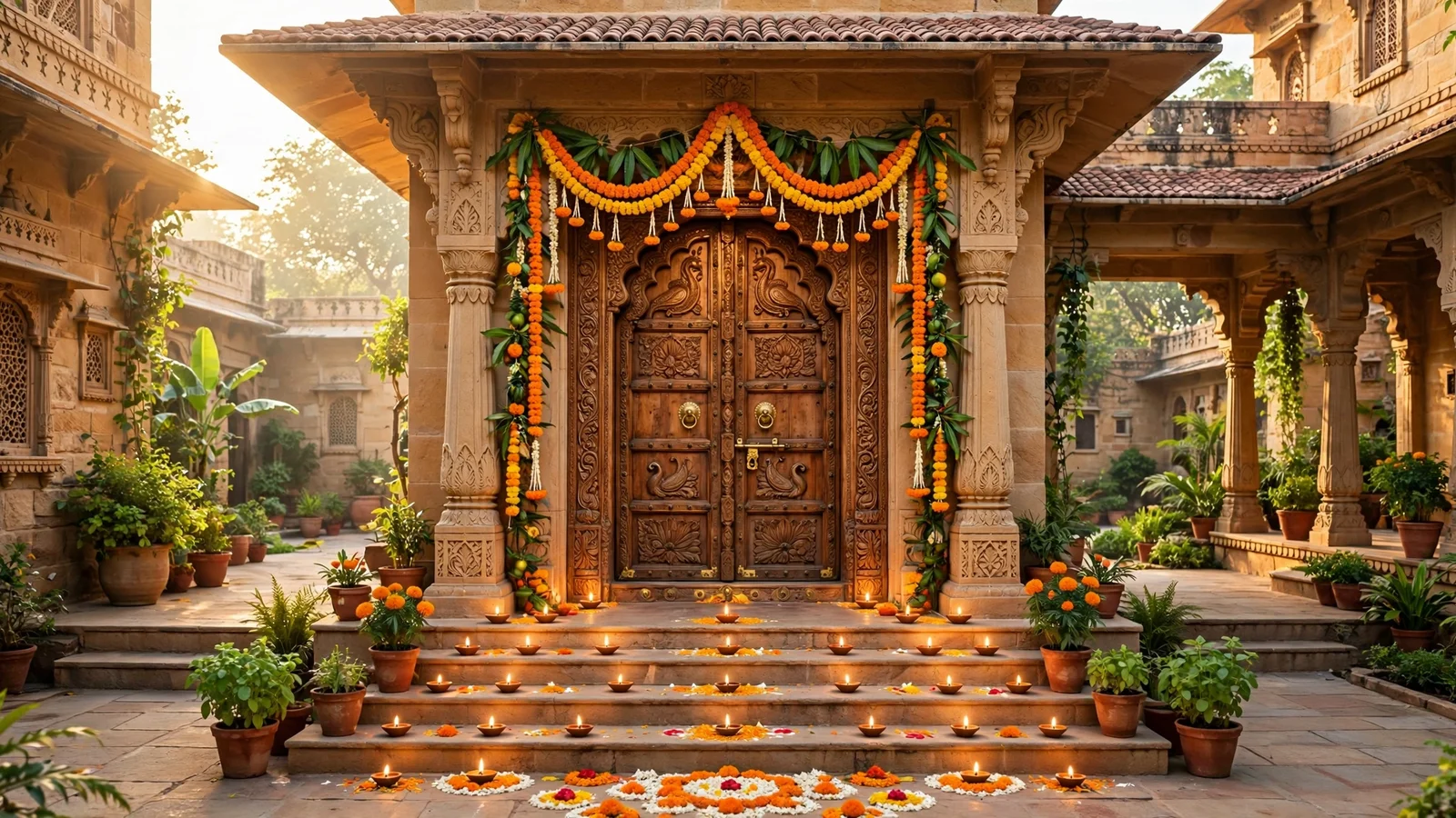 An Indian home main entrance with marigold toran and warm morning light