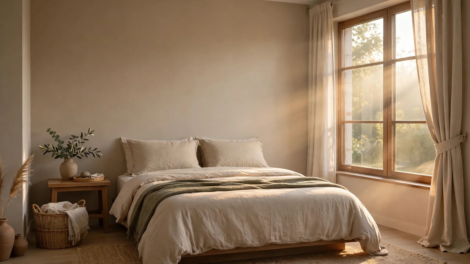 A serene bedroom with the bed against a solid wall and soft morning light