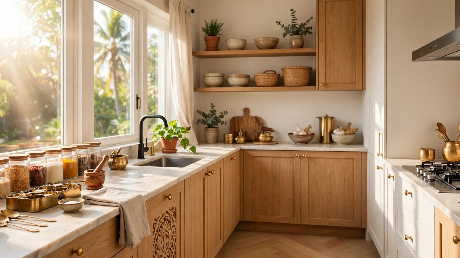 A bright modern Indian kitchen with the cooktop in the corner and warm sunlight