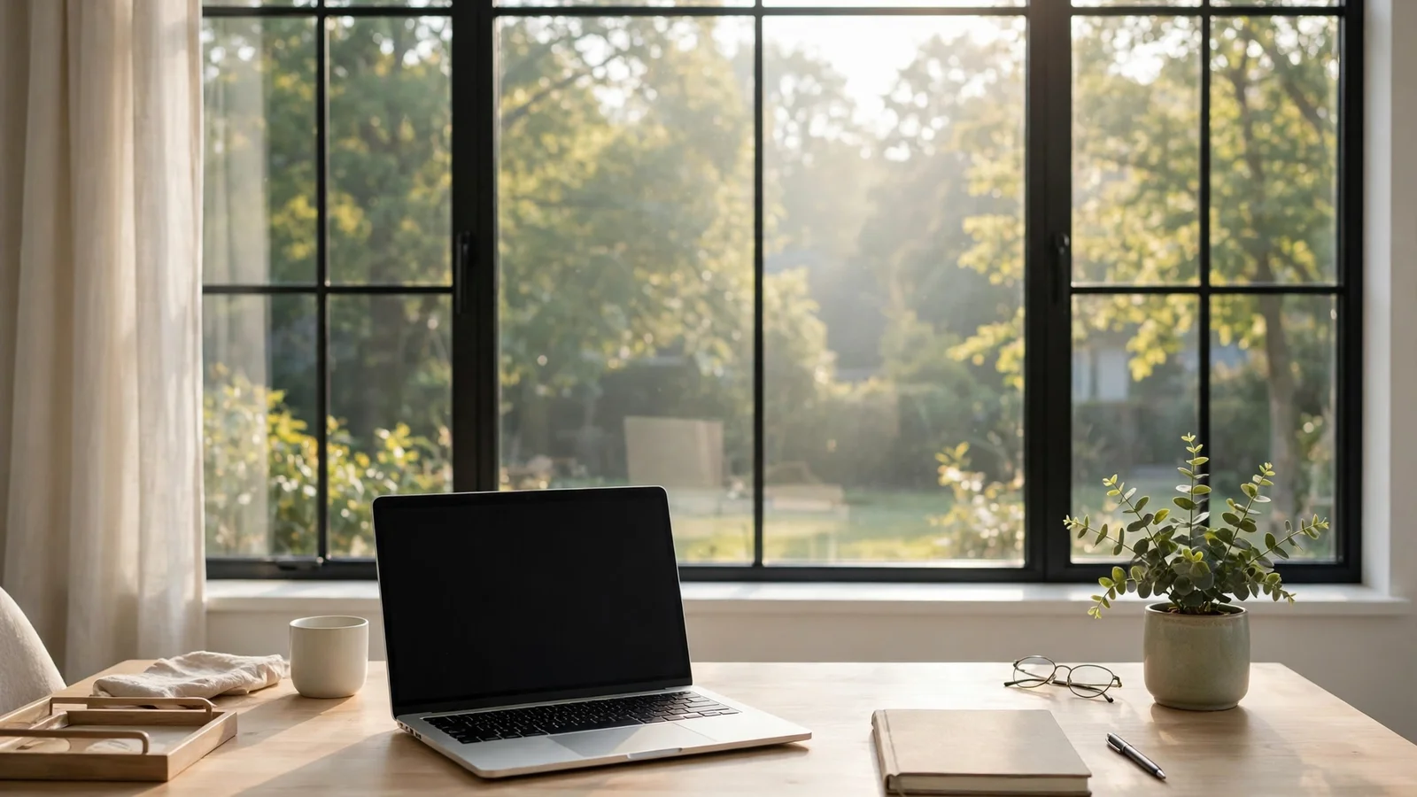 A tidy home office desk facing a bright window with morning light