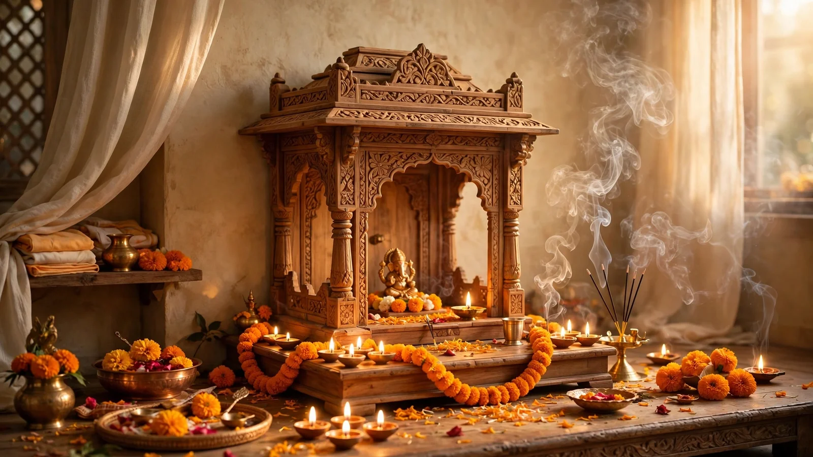 A home pooja room with glowing diyas, marigold flowers and serene light