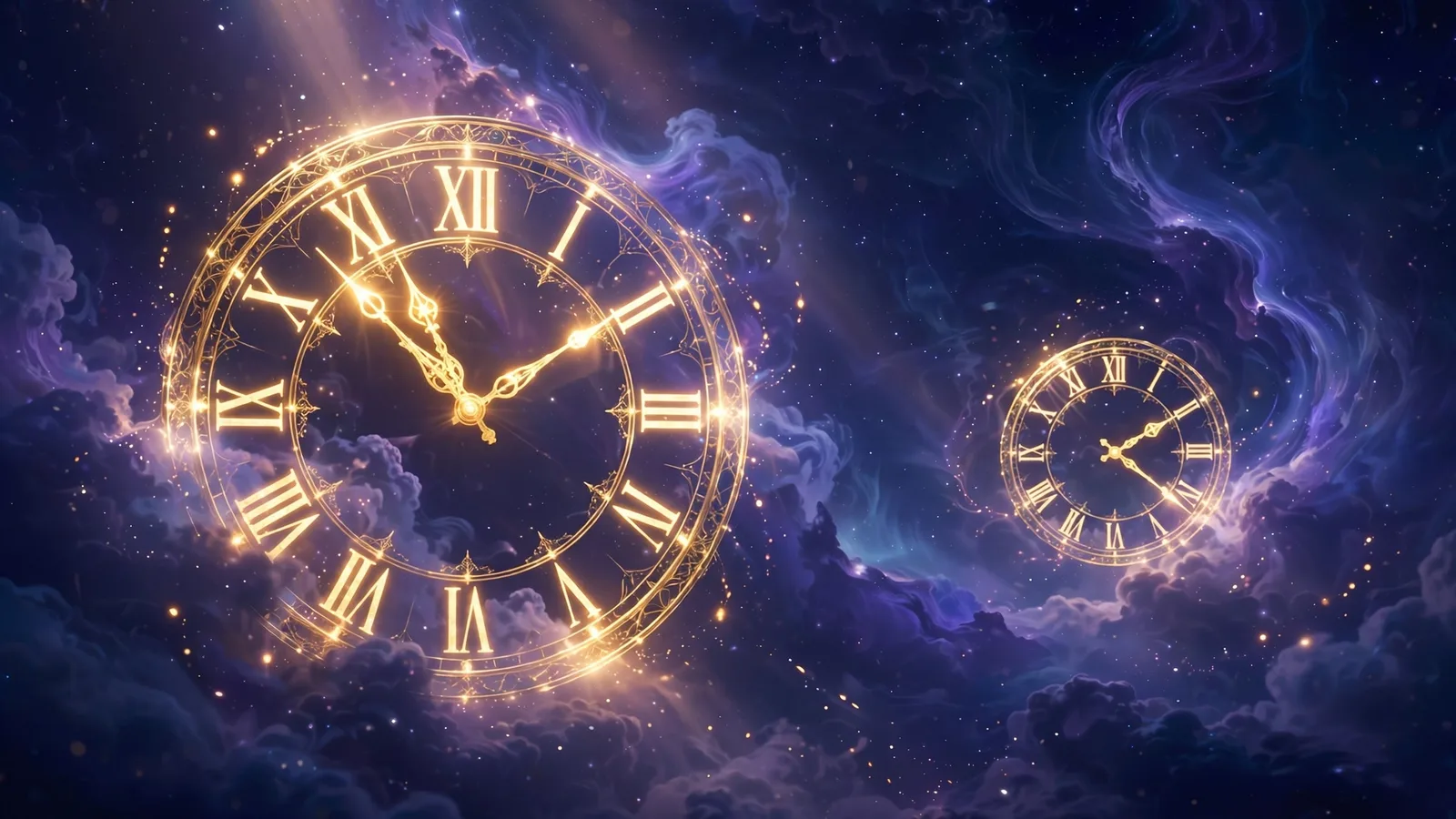 Two glowing golden clock faces showing 11:11 and 2:22 floating in a starry cosmic sky