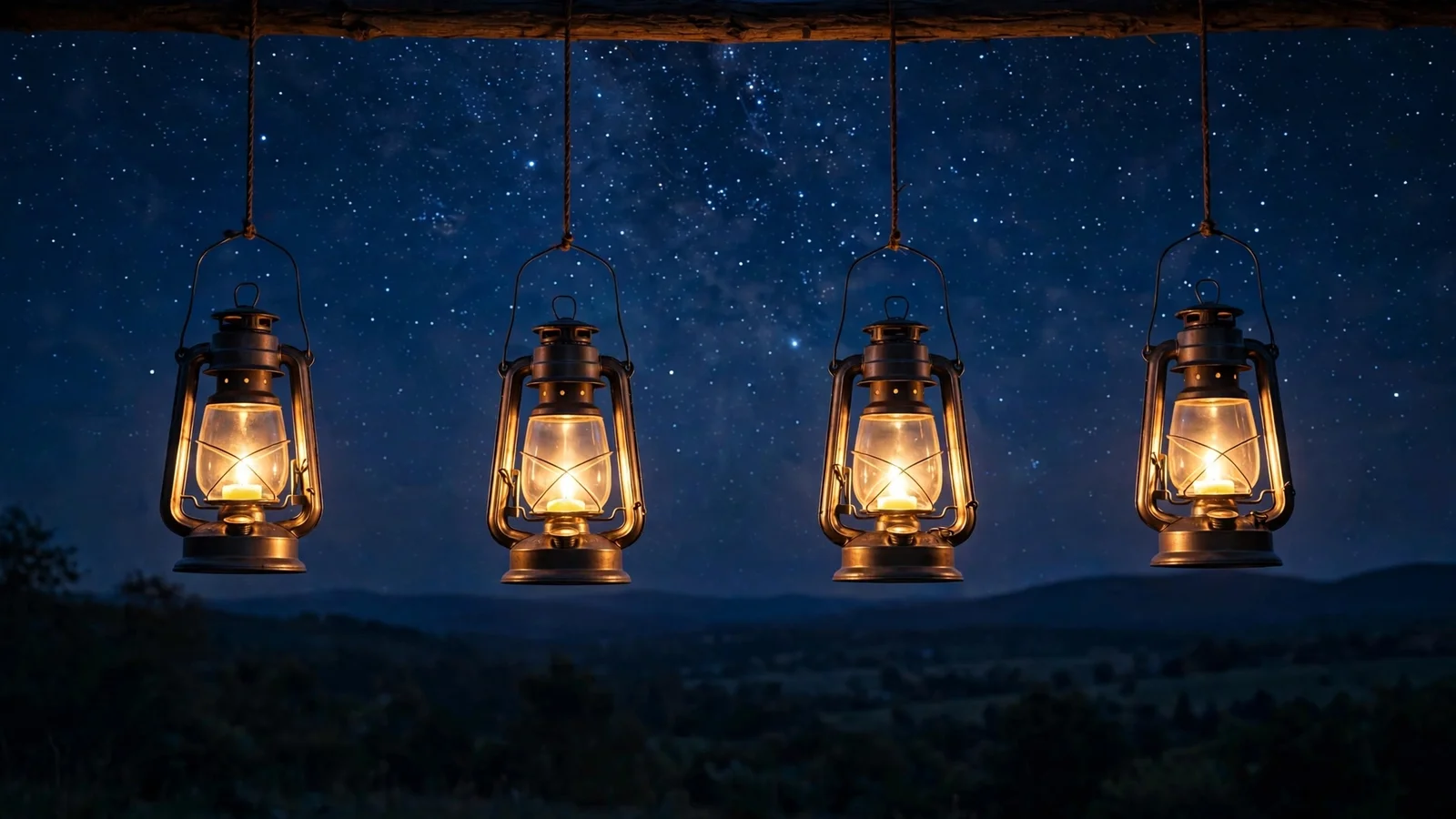 Four warm lanterns glowing in a row beneath a starry night sky