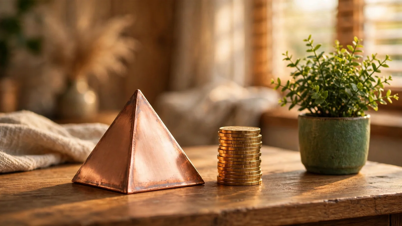 A copper pyramid glowing on a wooden desk beside coins and a green plant