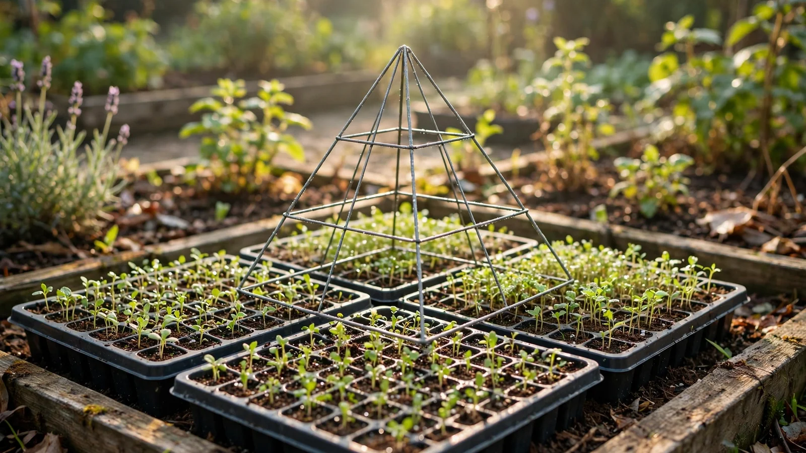 Small wire-frame pyramid over seedling trays in a sunlit garden bed