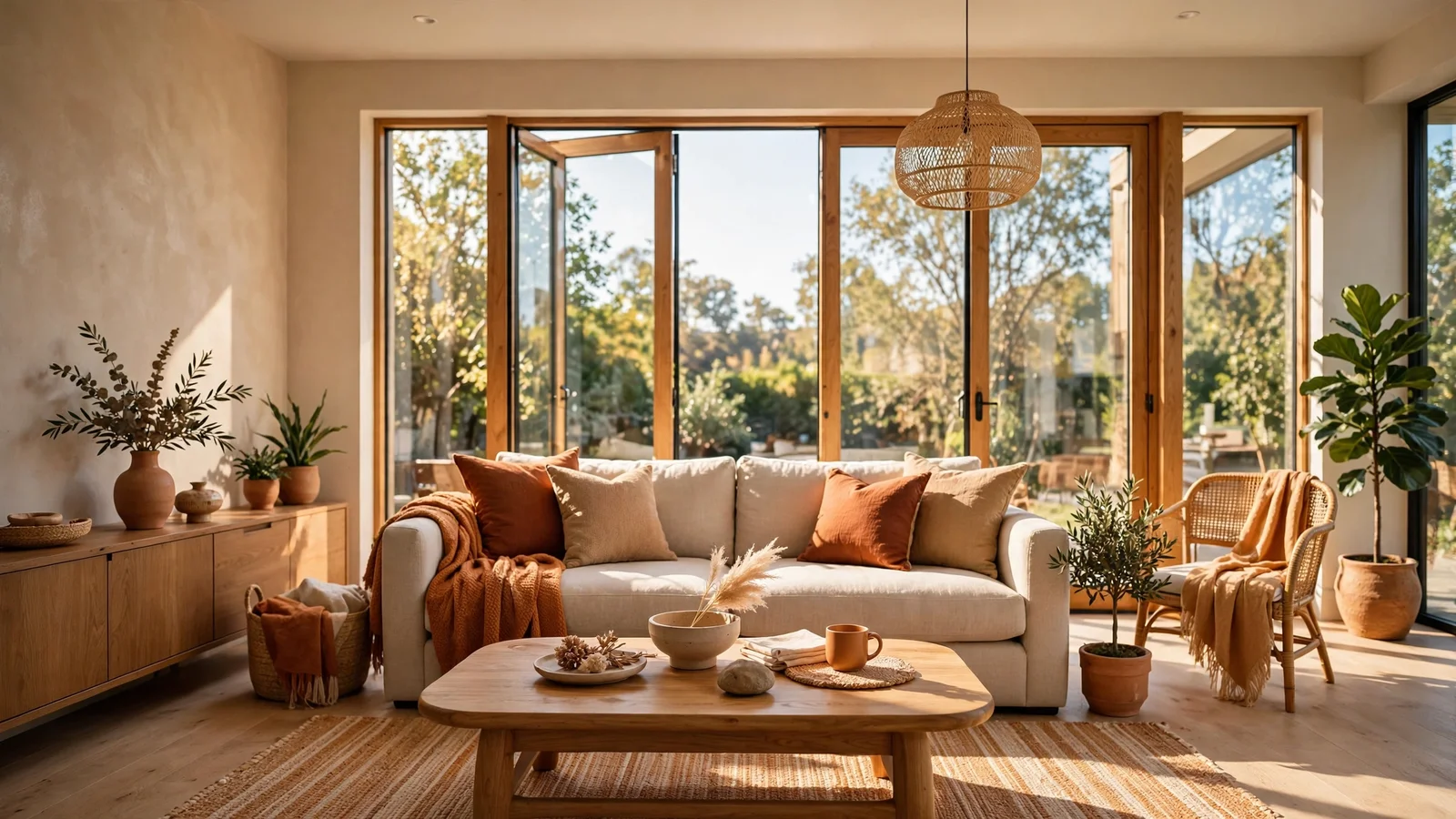 A bright living room with sofa facing east and warm natural light from large windows