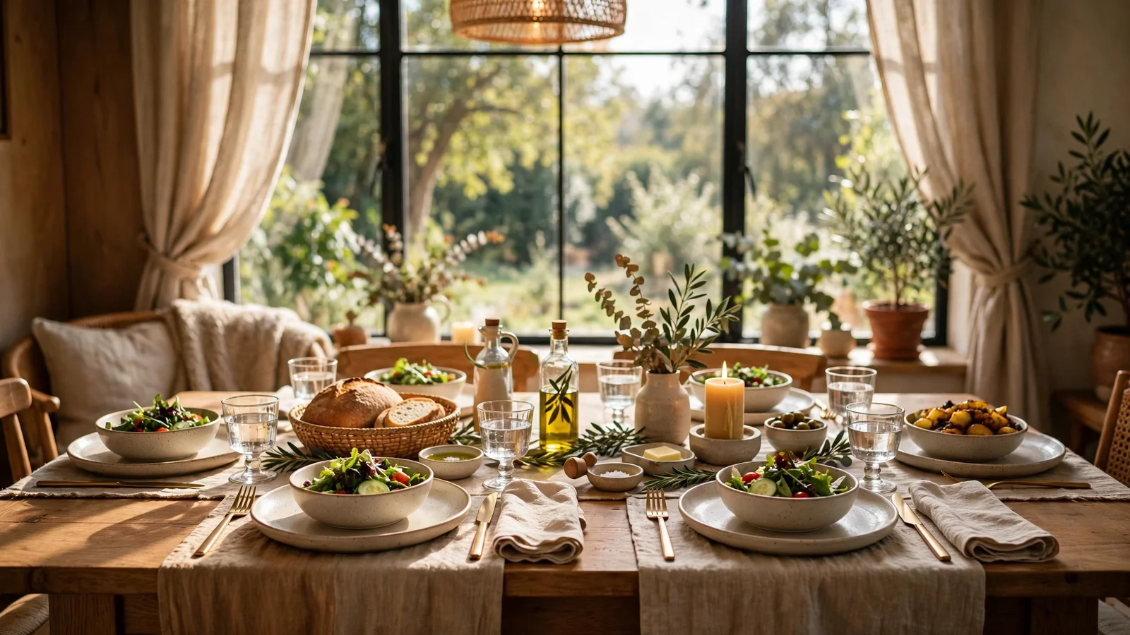 A warm dining table set for a family meal near a sunlit window