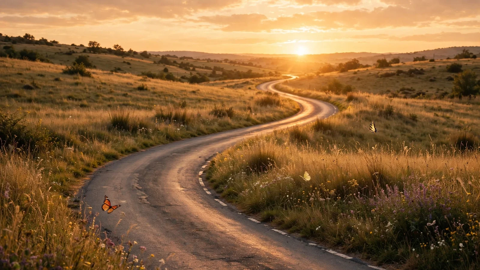 A winding road curving toward a golden sunset, symbolizing change and new chapters