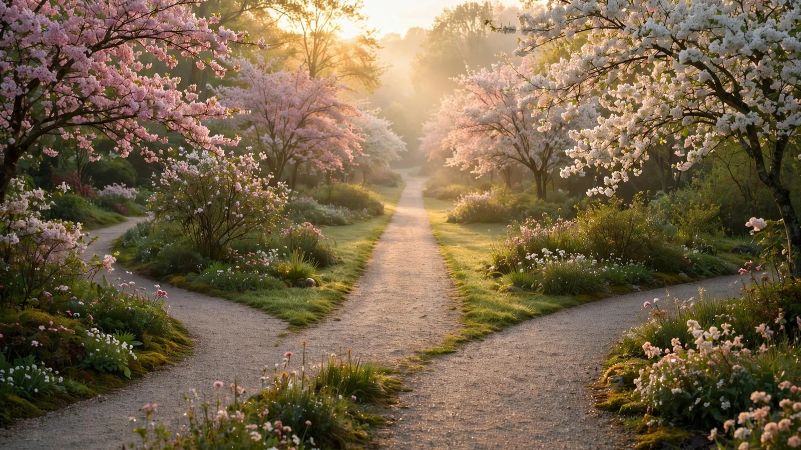 Two garden paths merging into one at sunrise, symbolizing partnership and new beginnings