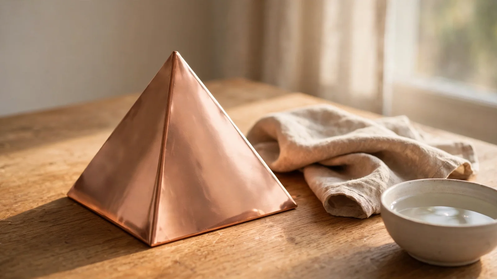 A polished copper pyramid on a wooden table beside a soft cloth and a bowl of water