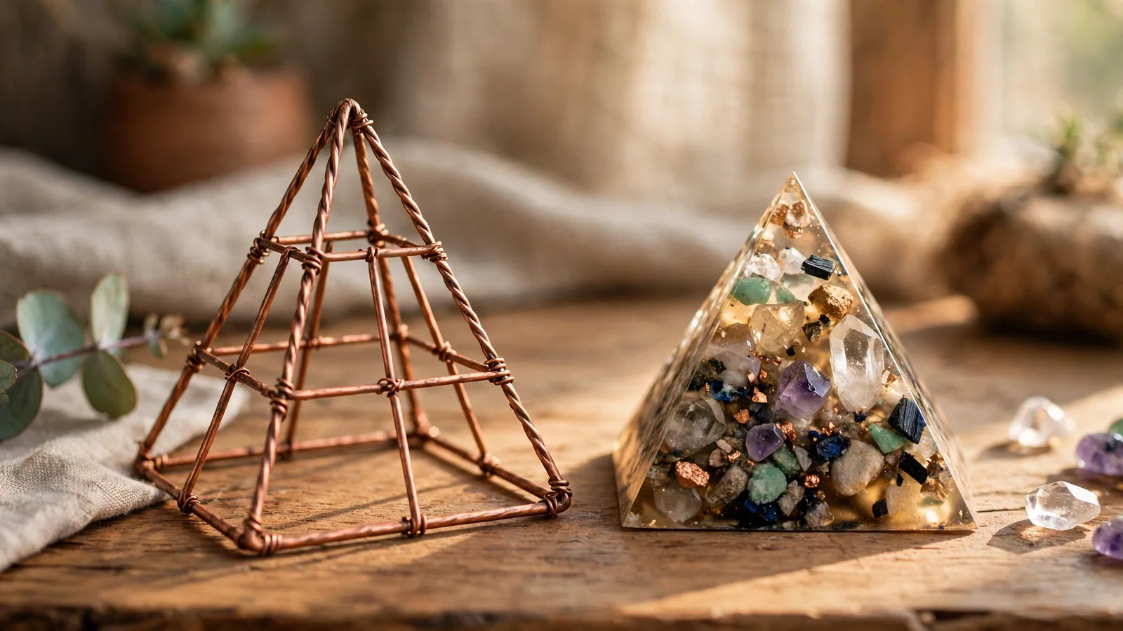 A copper wire pyramid standing next to a small resin orgonite pyramid with crystals on a wooden table