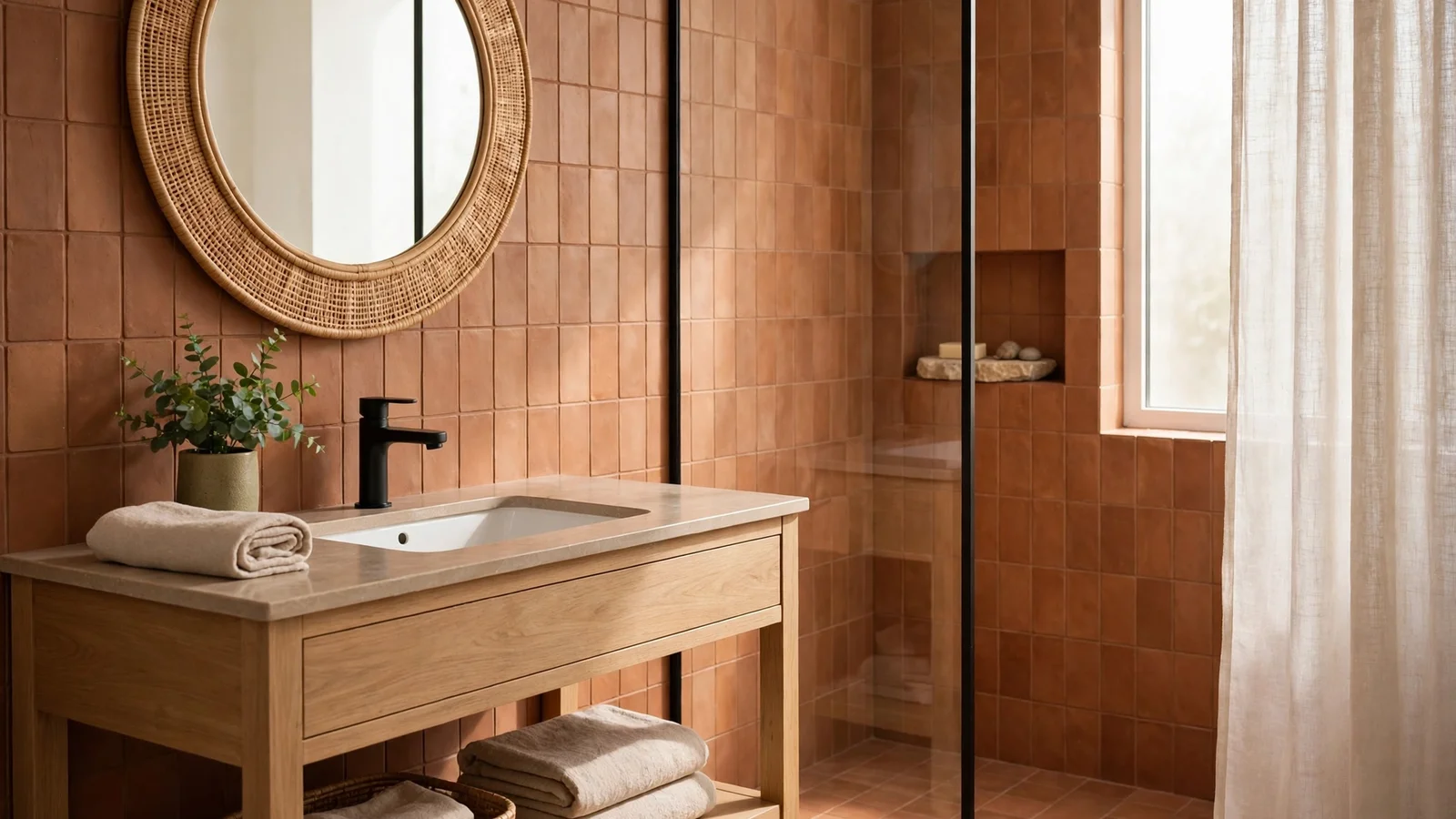 A bright, clean modern bathroom with warm earthy tiles and a small green plant