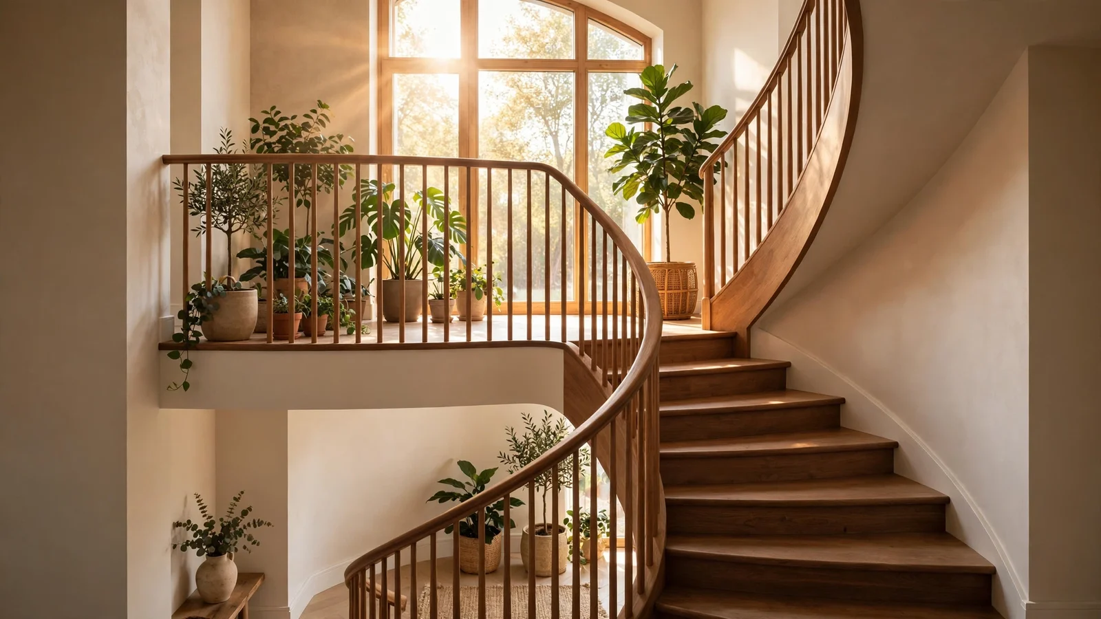 An elegant indoor wooden staircase curving upward toward warm sunlight from a window